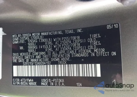 2010 Toyota Tundra Grade 5.7L V8 z USA, uszkodzony, nr VIN 5TFEY5F12AX094192